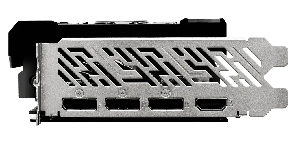 ASRock Radeon RX 9070 GRE Challenger 12GBの映像出力端子。DisplayPortが3つとHDMIが1つ並ぶ