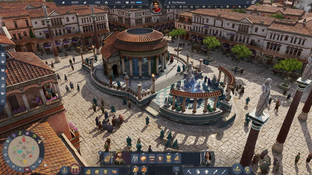 Anno 117の古代ローマ風の街の広場に人々が集まる画面