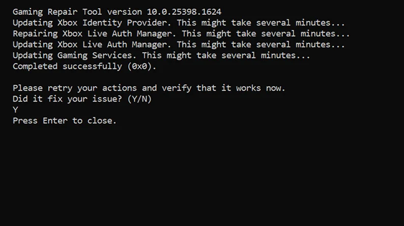 ゲーム サービス修復ツールの実行画面。Xbox Identity Provider、Xbox Live Auth Manager、Gaming Servicesを順に更新している